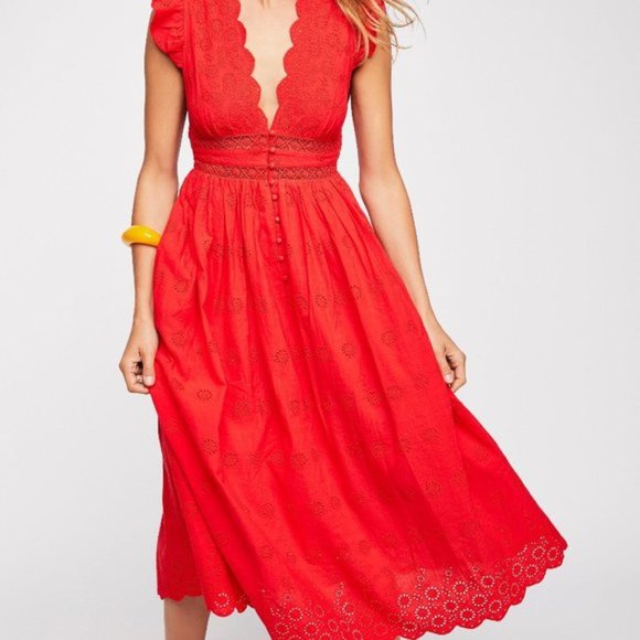 Free People Dresses & Skirts - IN SEARCH OF Free People Peach Pie Midi Dress eyelet LARGE